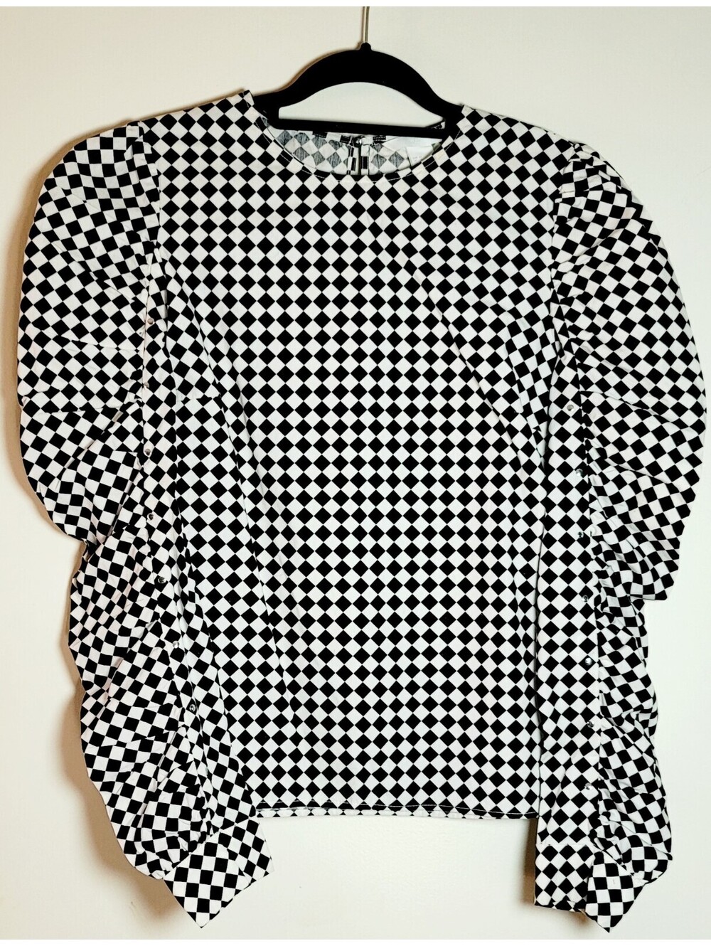 H&M Black and White Checkered Ruffle Sleeve with studs  Blouse 12